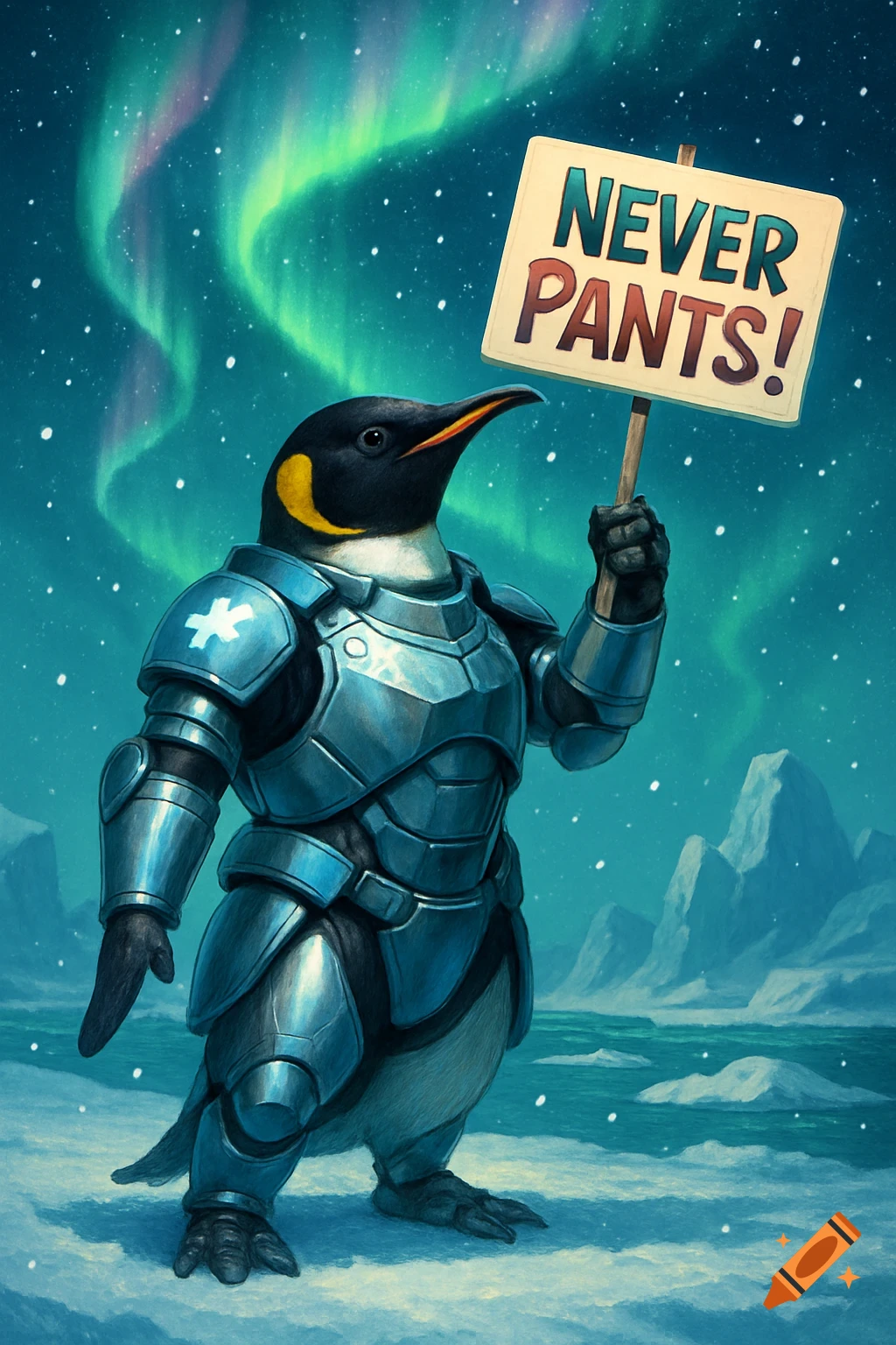An armored penguin holds a 'NEVER PANTS!' sign in a snowy arctic landscape under the aurora borealis, illustrated in a fantasy style.