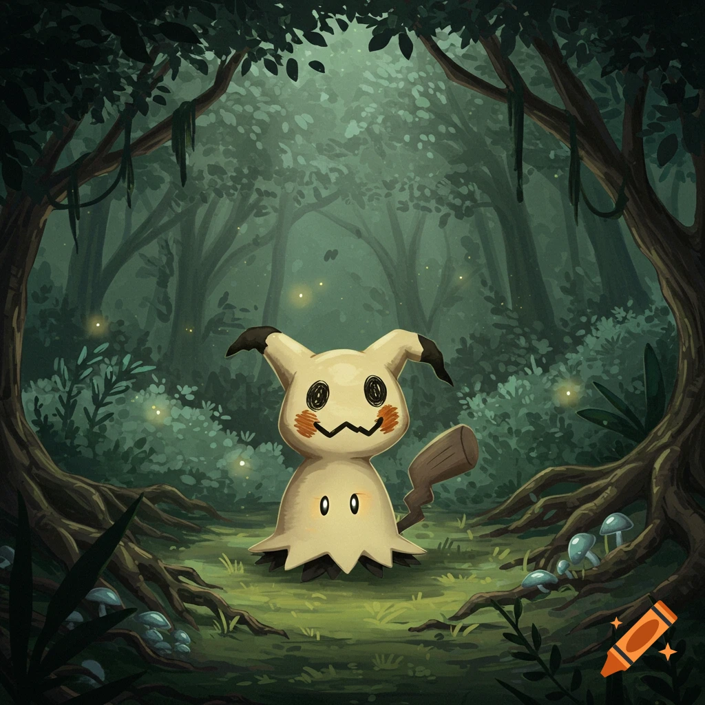 Cartoonish Mimikyu stands in a dark, mystical forest with glowing fireflies and gnarled roots.
