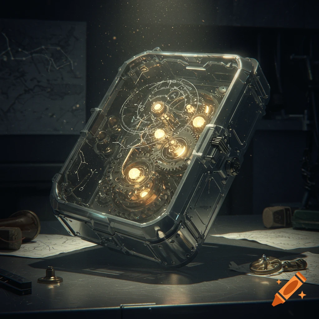 A detailed, shiny steampunk log pose with transparent casing and glowing internal gears, on a dark table with maps.