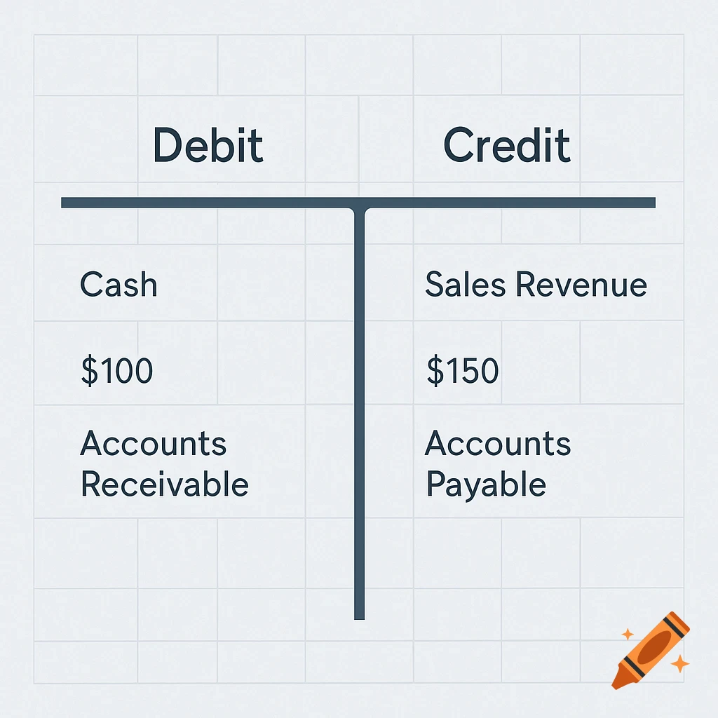 A T-account diagram showing Debit and Credit sides with entries for Cash, Sales Revenue, Accounts Receivable, and Accounts Payable.