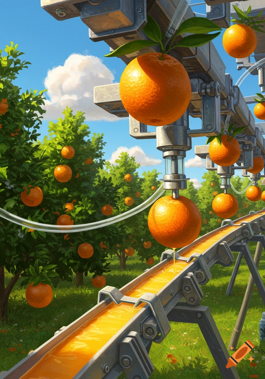 Large oranges on an industrial conveyor belt system in an orchard, being processed into juice that flows along the belt under a blue sky.