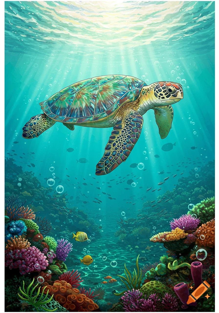 A vibrant illustration of a sea turtle swimming over a colorful coral reef, with sunbeams filtering through the water.