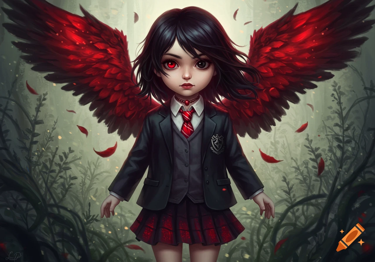 A stylized illustration of a small girl with dark hair, one red eye and one black eye, wearing a school uniform and large red and black wings, standing in a misty forest with falling red petals.