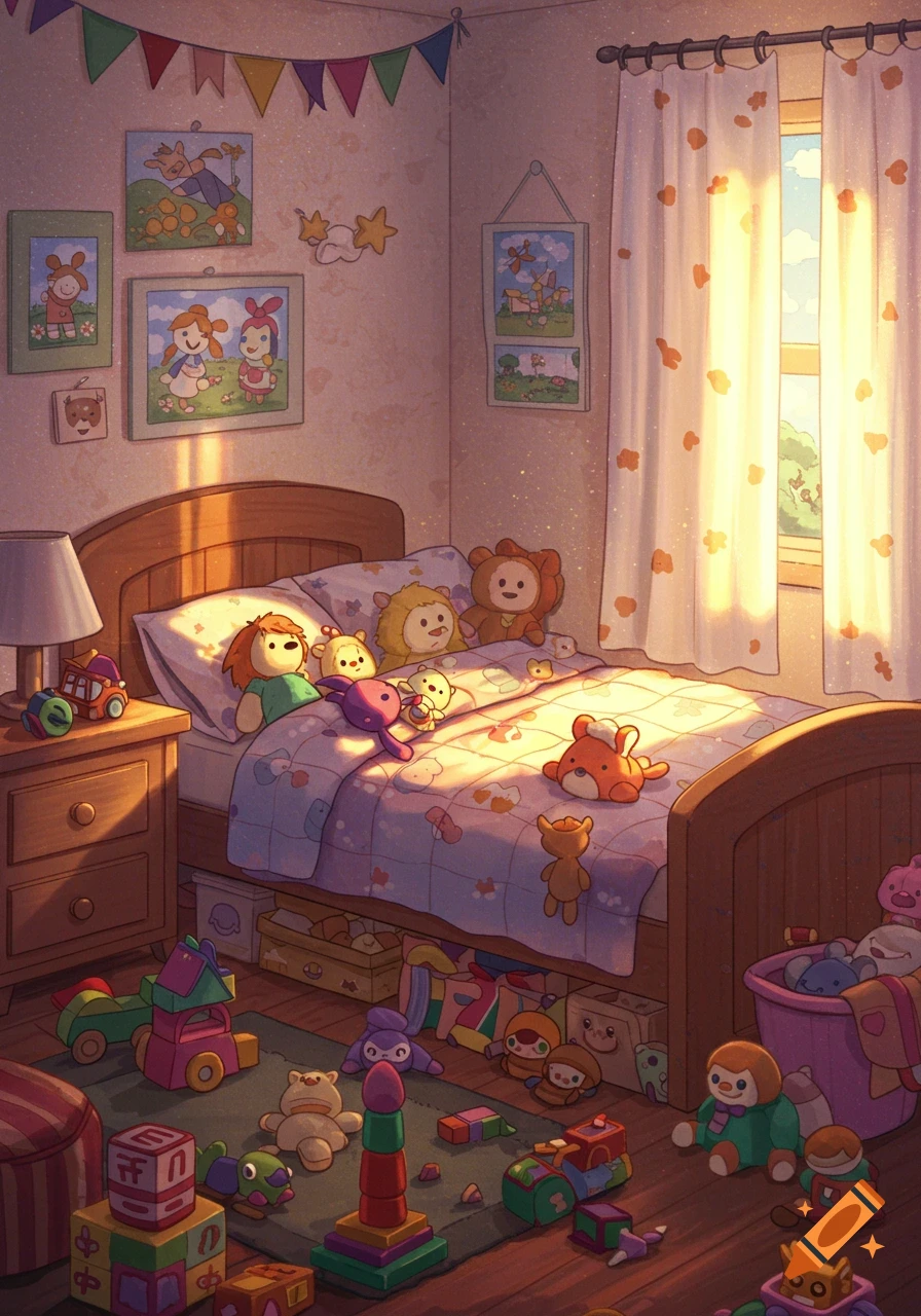 A warm, sunlit child's bedroom with a bed full of plush toys and wooden blocks scattered on the floor, creating a cozy atmosphere.