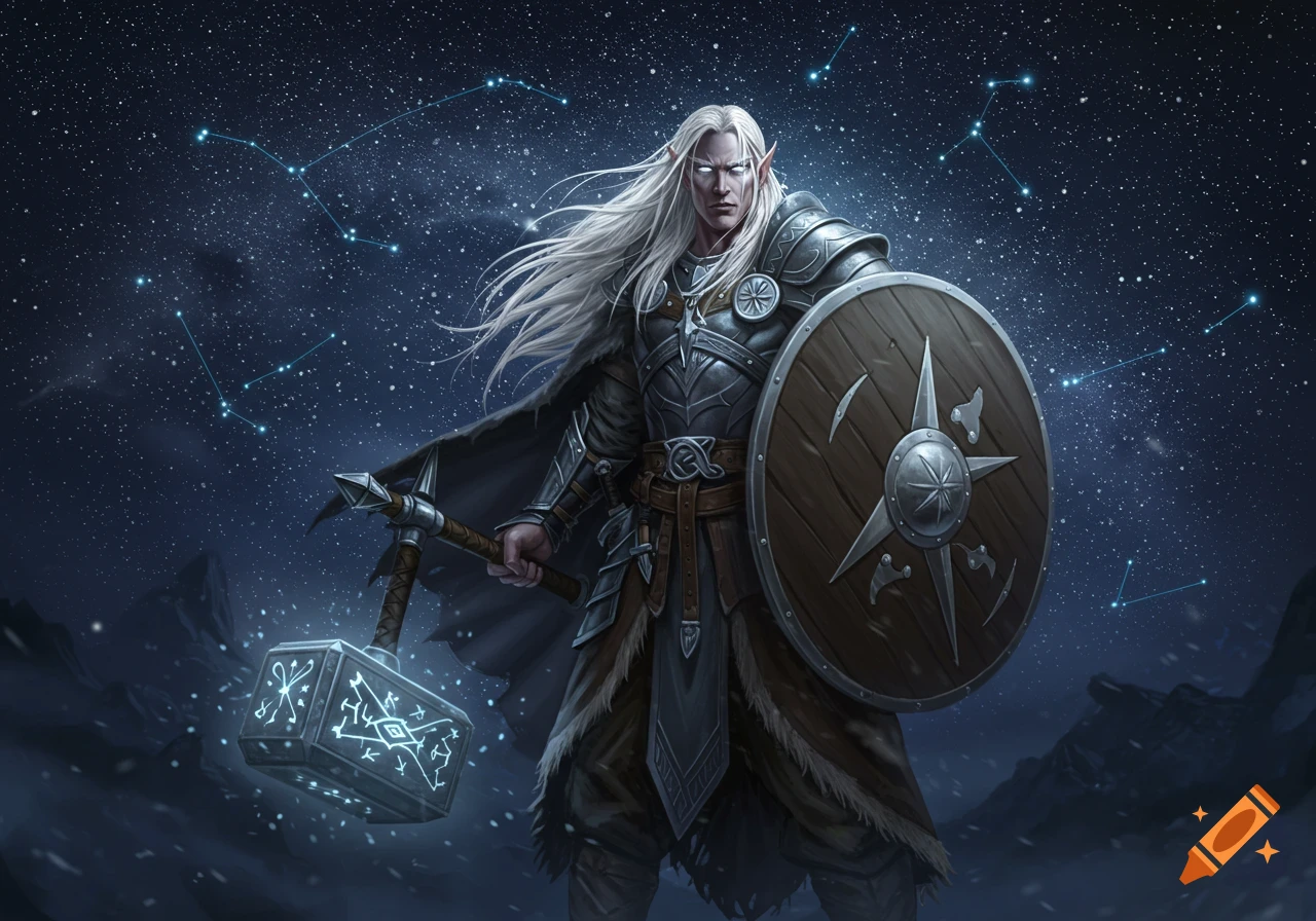 A powerful elf barbarian with long white hair, clad in ornate armor, holds a glowing runic warhammer and a shield under a starry night sky with constellations.