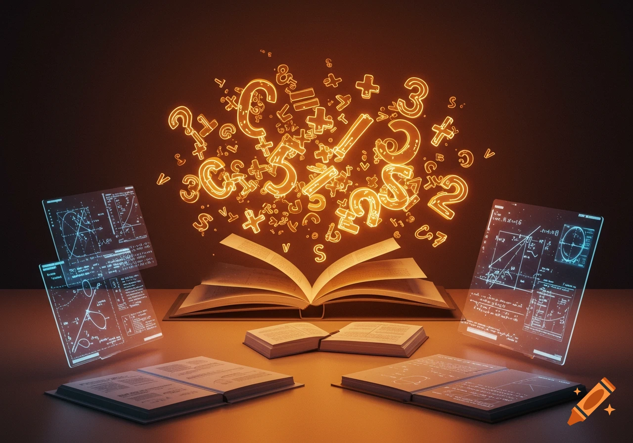 An open textbook surrounded by glowing math symbols and futuristic digital screens displaying formulas, evoking a sense of discovery.
