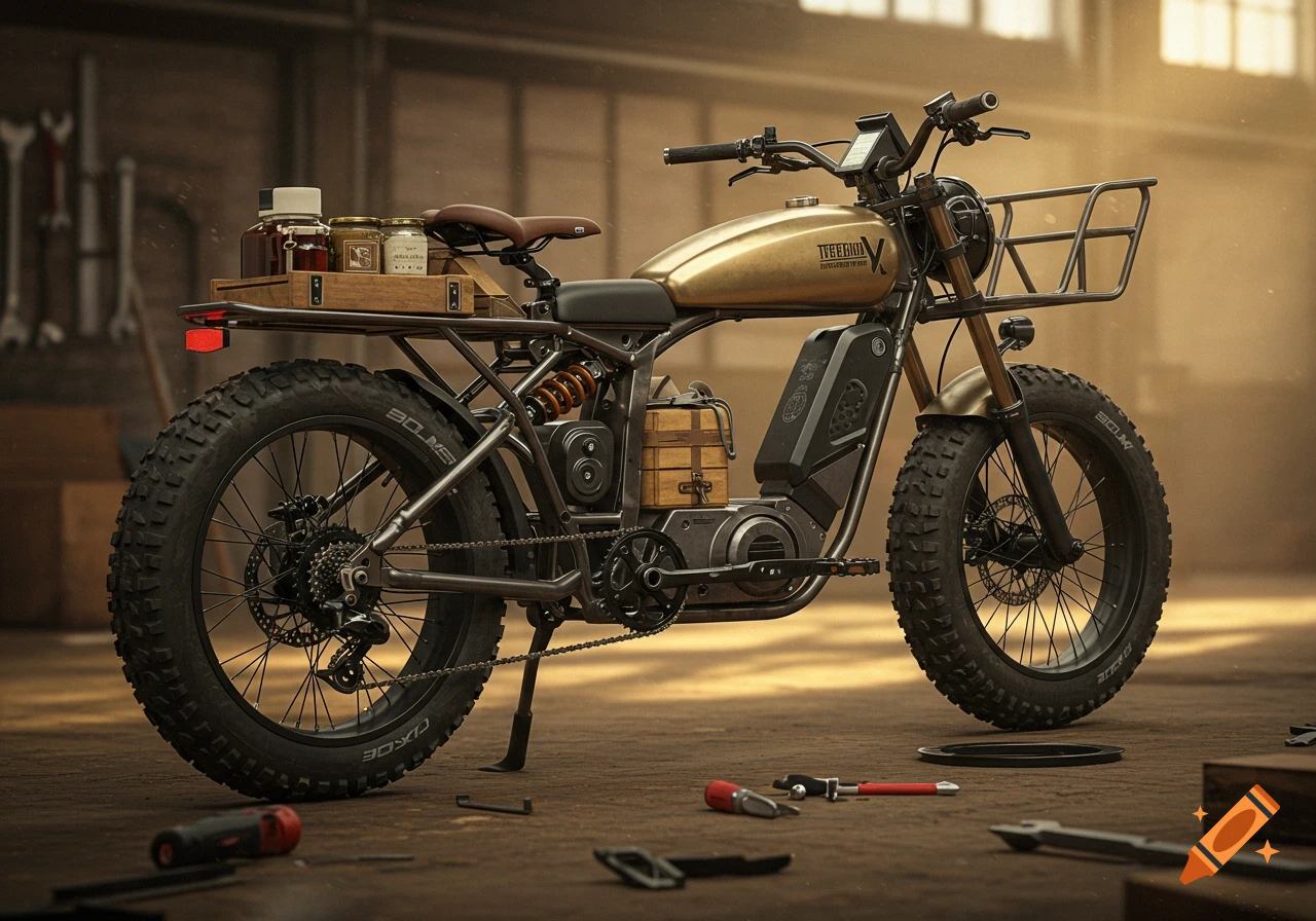 A custom-built golden and dark gray cargo e-bike stands in a workshop, loaded with wooden boxes and jars, surrounded by tools.