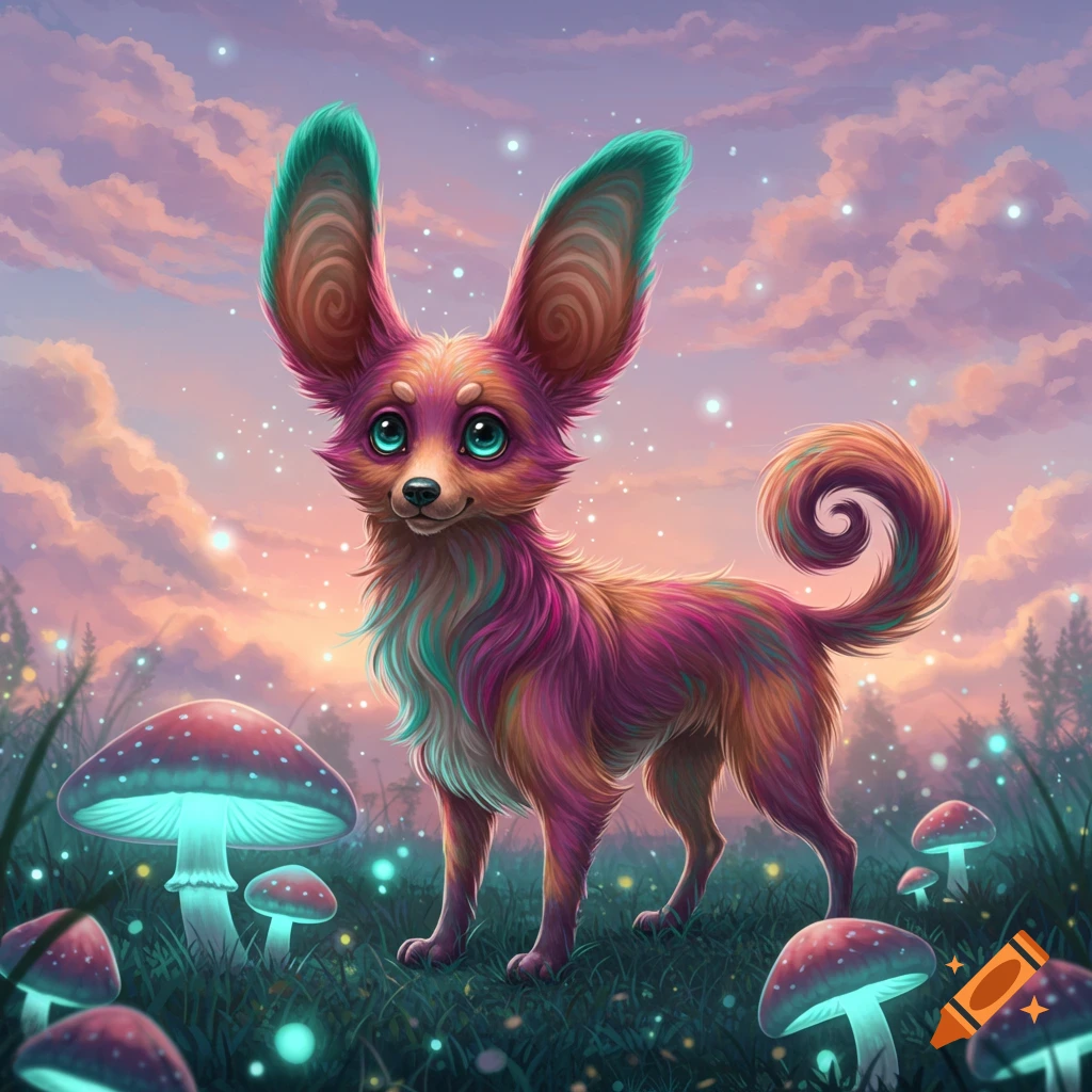 A whimsical, colorful dog with huge teal and pink ears stands in a field of glowing mushrooms under a pink and purple sunset sky.