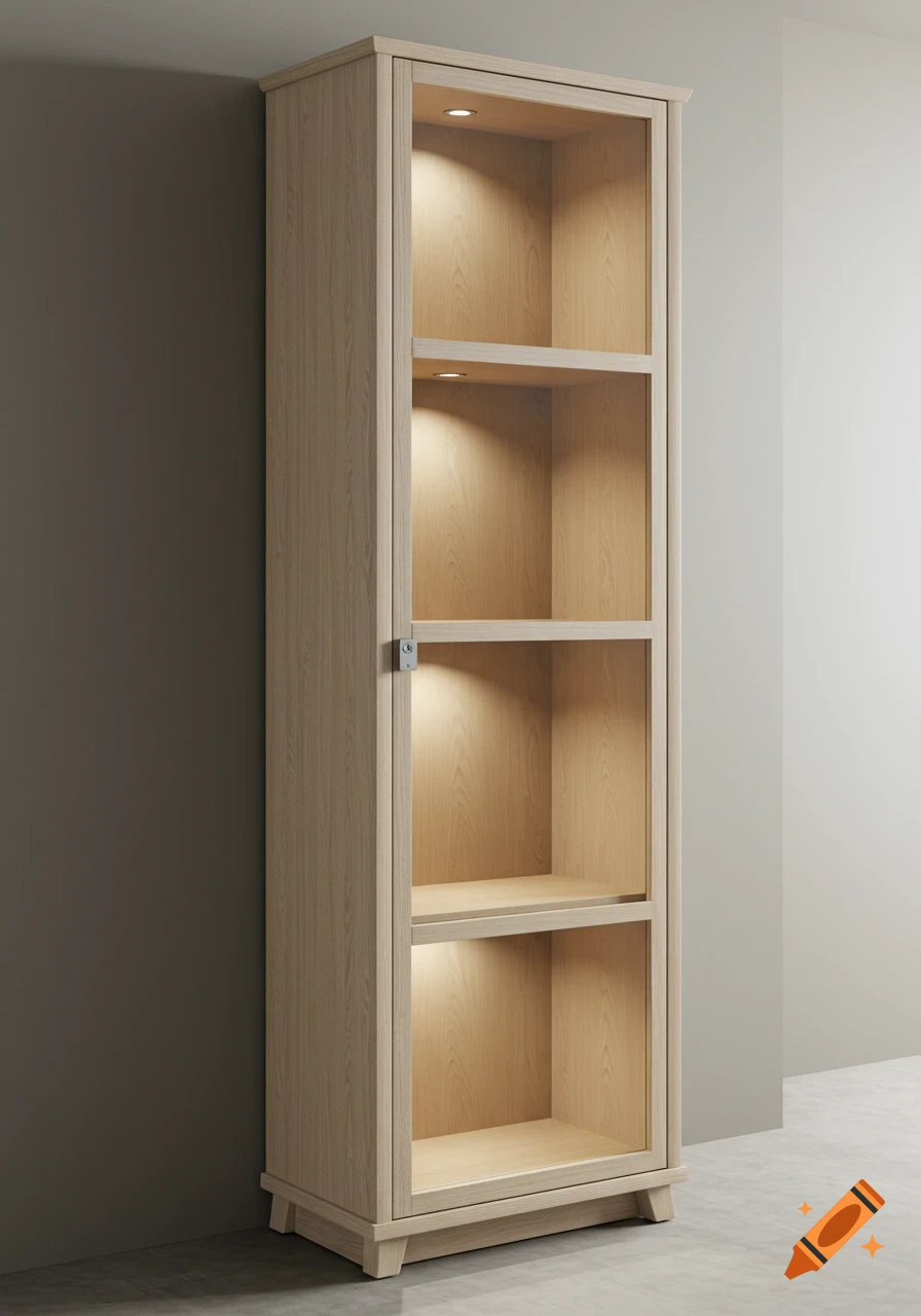 A tall, slender light wood display cabinet with a glass door, four illuminated shelves, and a simple latch, against a two-tone wall.
