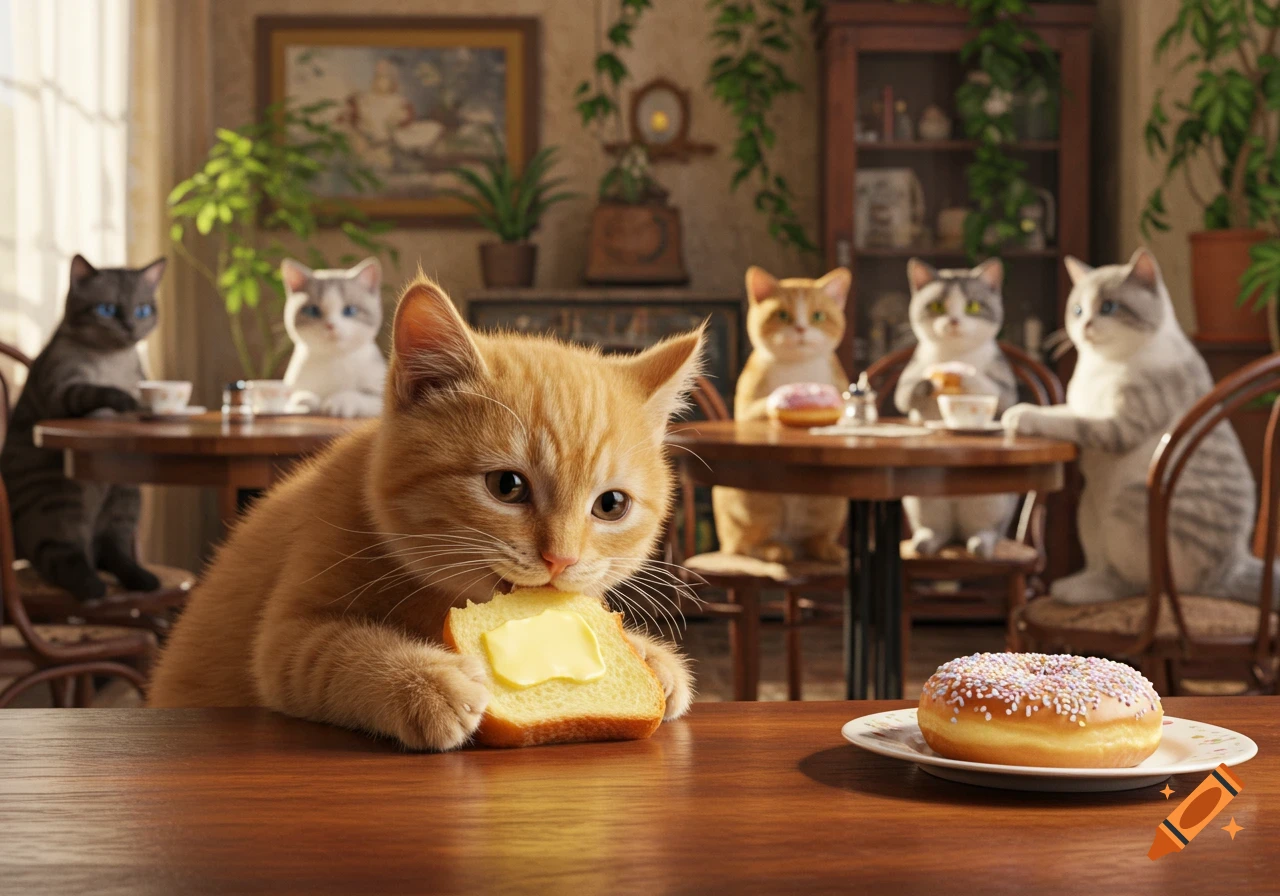 A photorealistic image of a ginger kitten eating buttered toast at a cafe table, with other cats having coffee and donuts in the background.