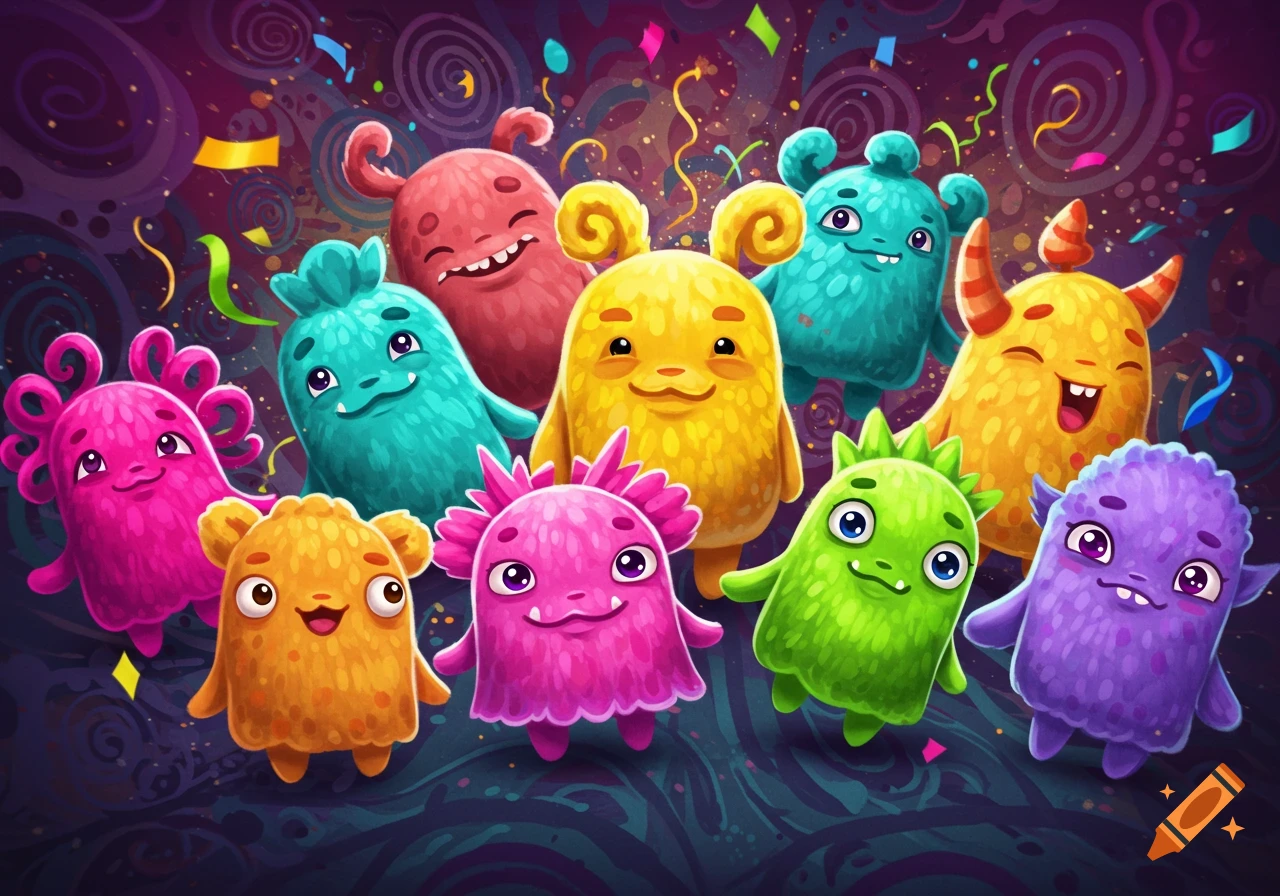 A group of colorful, cute cartoon monsters smiling and celebrating with confetti on a dark, whimsical background.