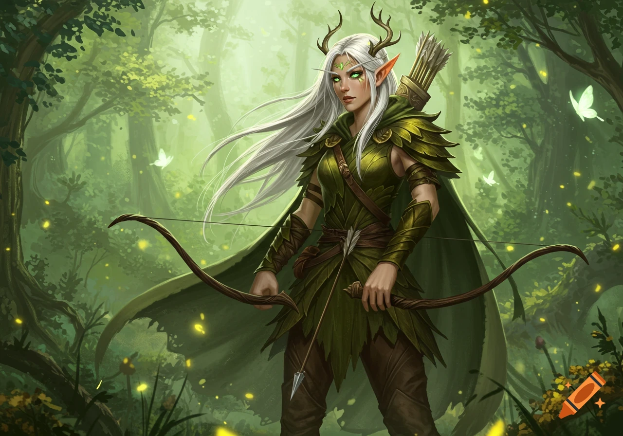 A white-haired female elf archer with antlers, dressed in green, stands in an enchanted forest with a bow and quiver.