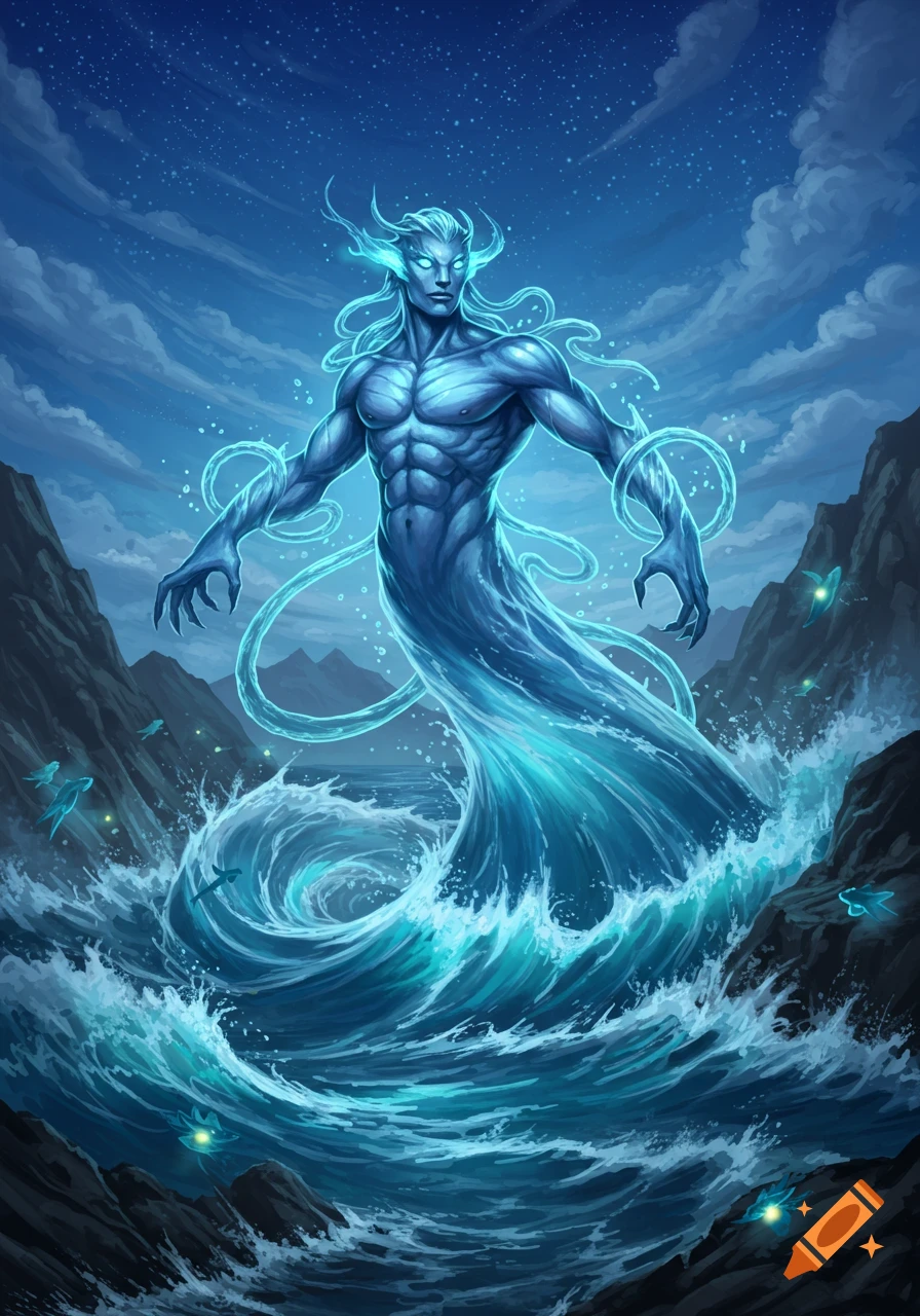 A powerful, muscular blue water elemental with glowing eyes and hair rises from a swirling ocean between rocky cliffs under a starry sky.