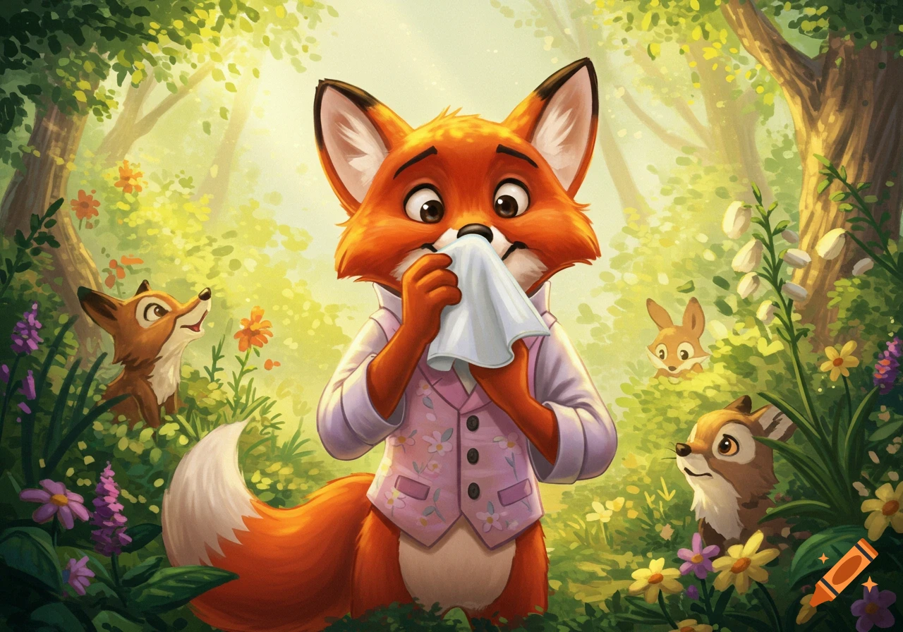 A Disney-style fox in a vest blows its nose with a handkerchief in a lush forest, with other cartoon animals.