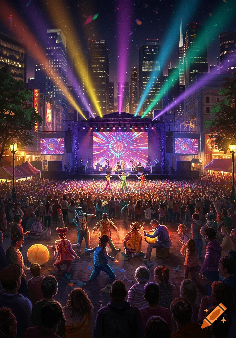 Vibrant outdoor music festival in a city at night, with a band on stage, colorful spotlights, and a large crowd.