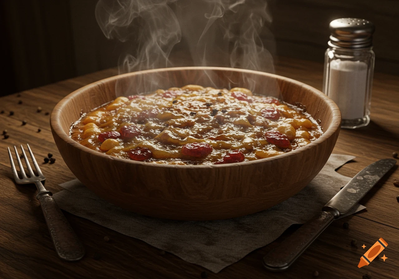 Steaming bowl of thick stew with red and yellow ingredients on a wooden table with cutlery and a salt shaker, photorealistic.