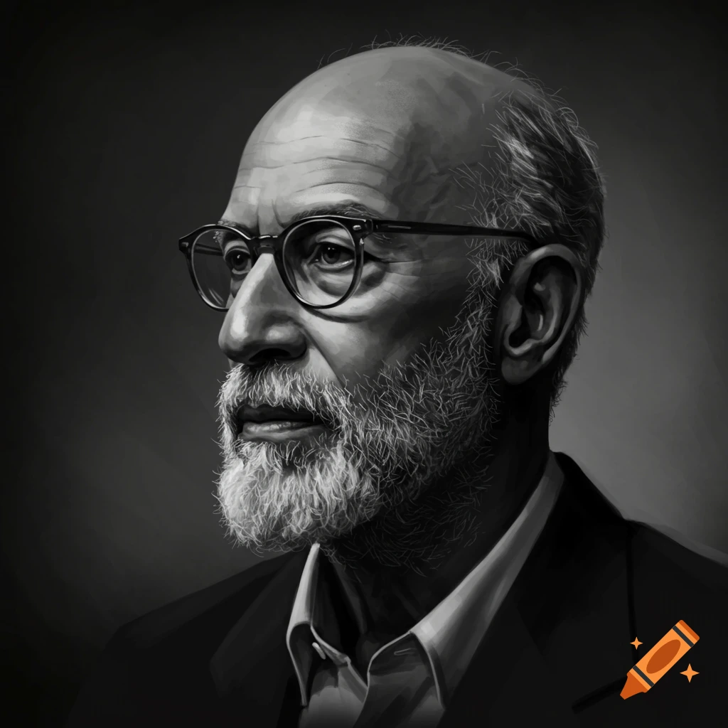 Black and white portrait of a thoughtful bald man with a gray goatee and glasses, looking left.