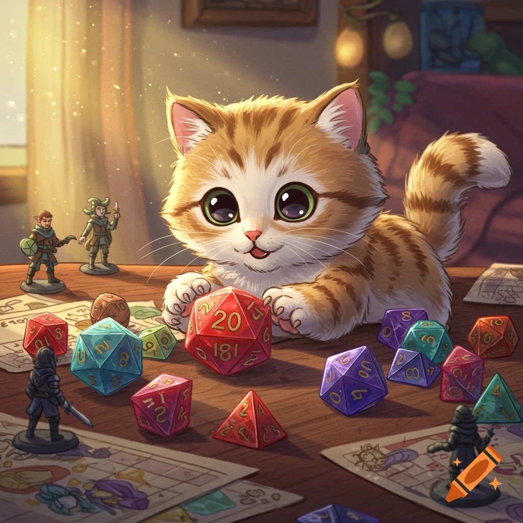 A cute, cartoony orange and white kitten plays with colorful D&D dice and miniature figures on a tabletop.