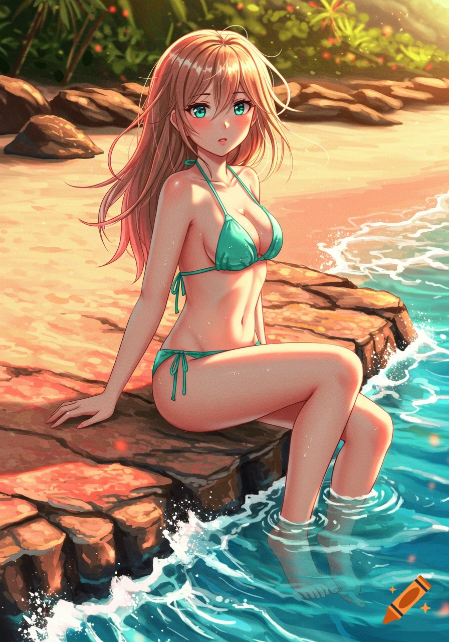 Anime woman in a teal bikini sitting on rocks by the ocean at sunset, with her feet in the water.