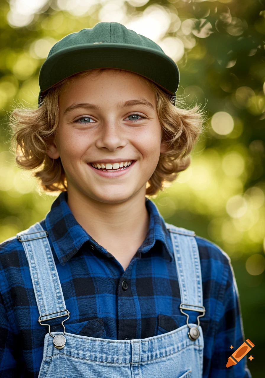 A photorealistic portrait of a smiling 13-year-old boy with wavy blonde hair, blue eyes, wearing a green cap, plaid shirt, and overalls outdoors.