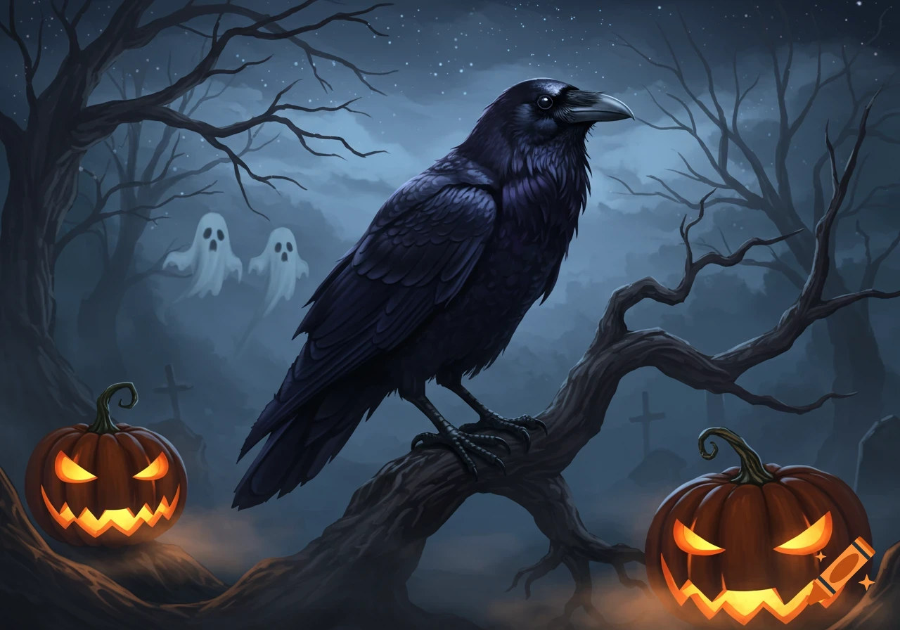 A dark raven perches on a gnarled branch, with two glowing jack-o'-lanterns and two white ghosts in a misty, moonlit Halloween graveyard. Illustrated.