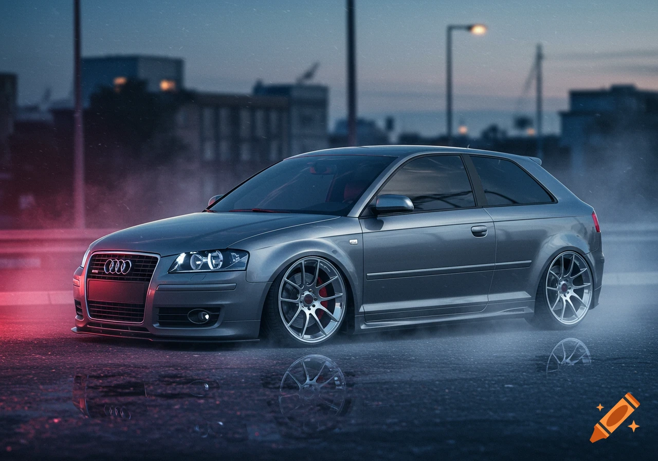 A gray Audi A3 car with silver wheels parked on a wet street at dusk, reflecting red light and illuminated by a streetlight.