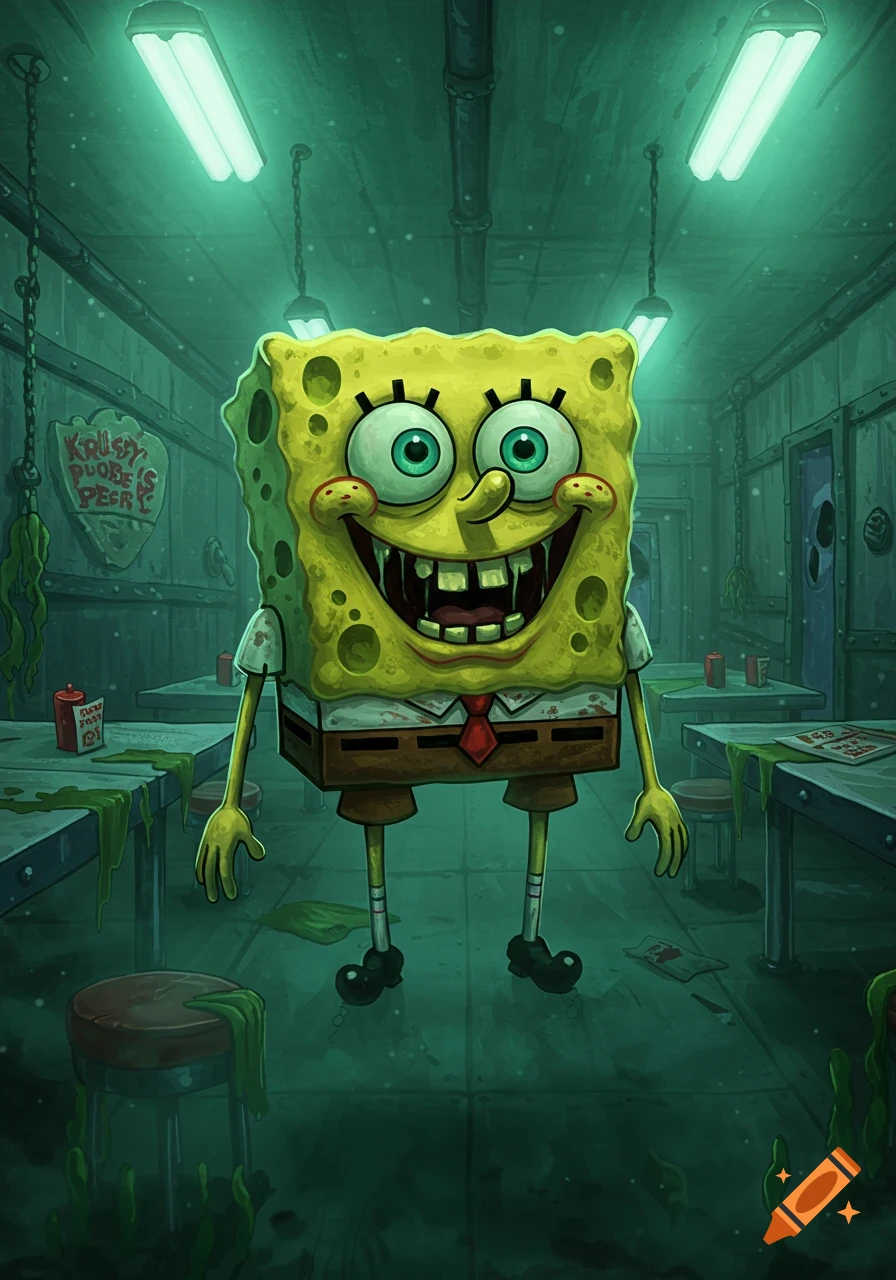 Creepy Spongebob Squarepants with sharp teeth stands in a dilapidated, dimly lit Krusty Krab restaurant.