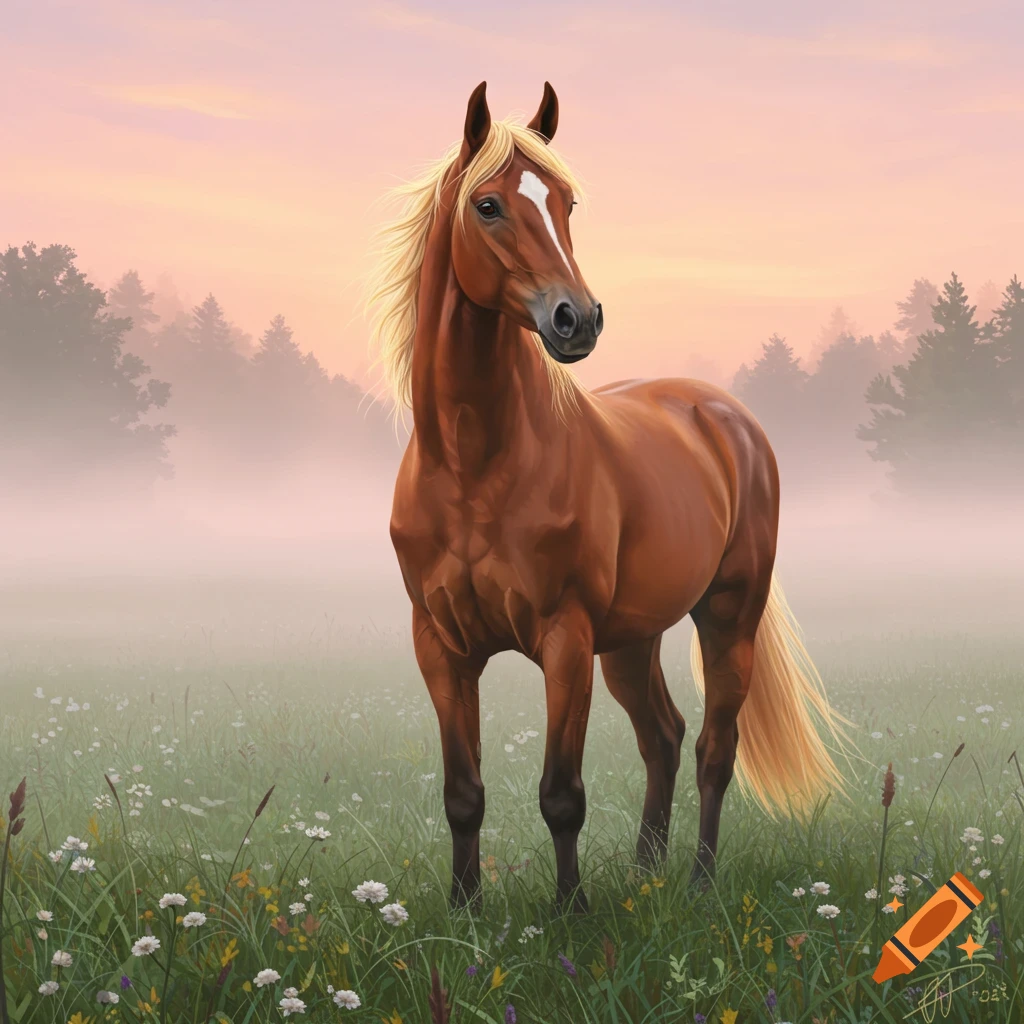 Chestnut horse with a blonde mane stands in a misty field with wildflowers, evergreen trees, and a pink-orange sky.
