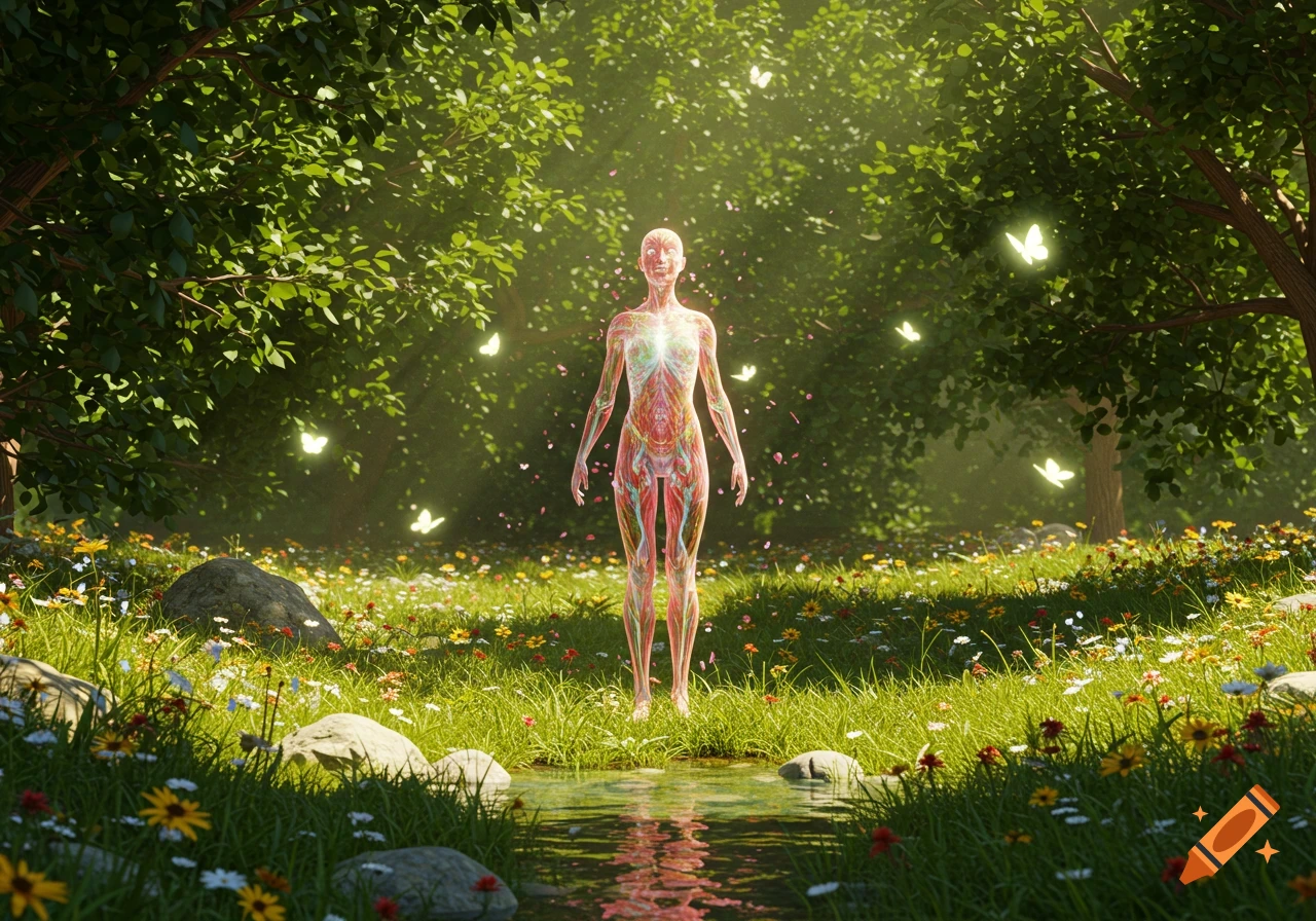 A glowing, translucent human body showing muscles and veins stands in a sunlit fantasy forest with butterflies and flowers by a stream.