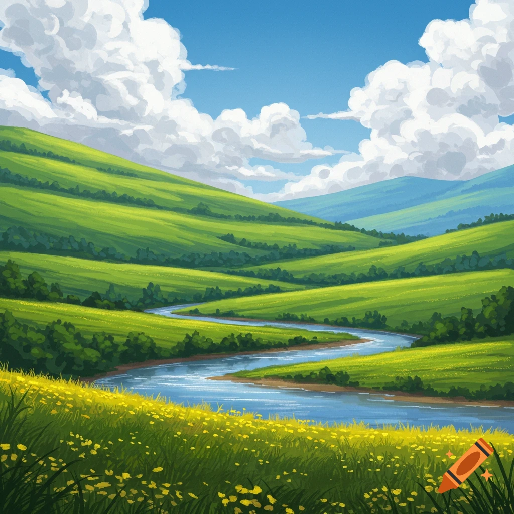Stylized illustration of a vibrant green valley with rolling hills, a winding blue river, and a bright blue sky with fluffy white clouds.