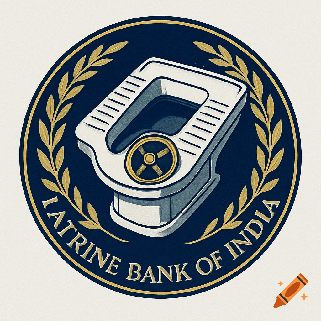 Satirical circular logo for Latrine Bank of India, featuring a squat toilet as a vault, encircled by gold laurel leaves on navy blue.