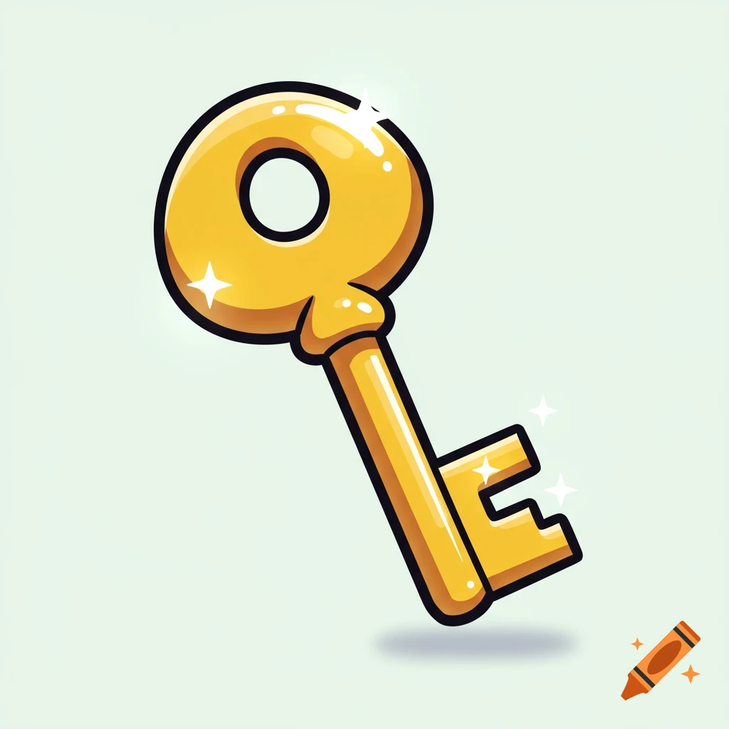 A shiny golden key with bold outlines and glowing highlights, rendered in a bright cartoon style on a light background.