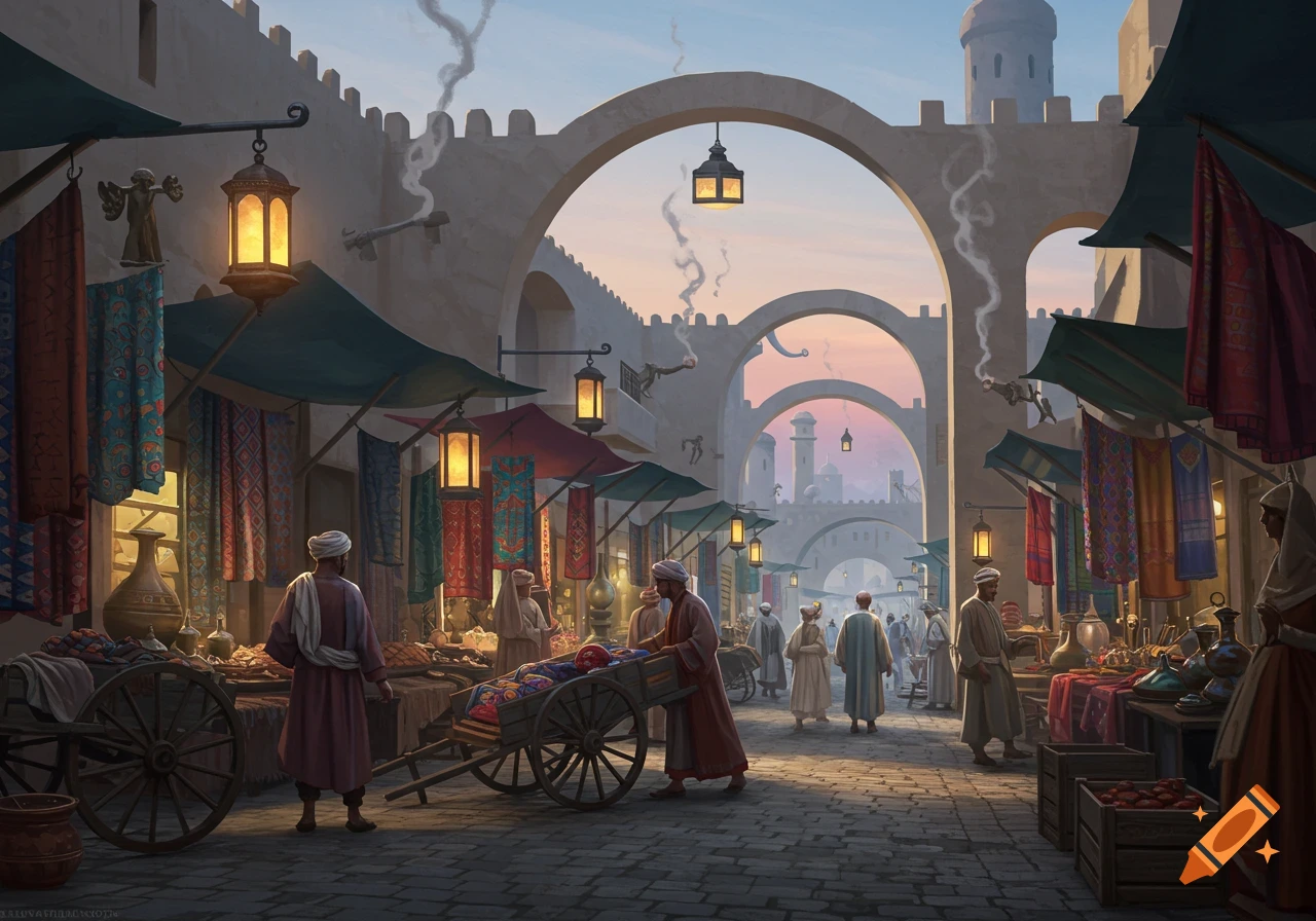 A bustling market scene in an ancient city with people, stalls, colorful textiles, lanterns, and arched buildings under a twilight sky.
