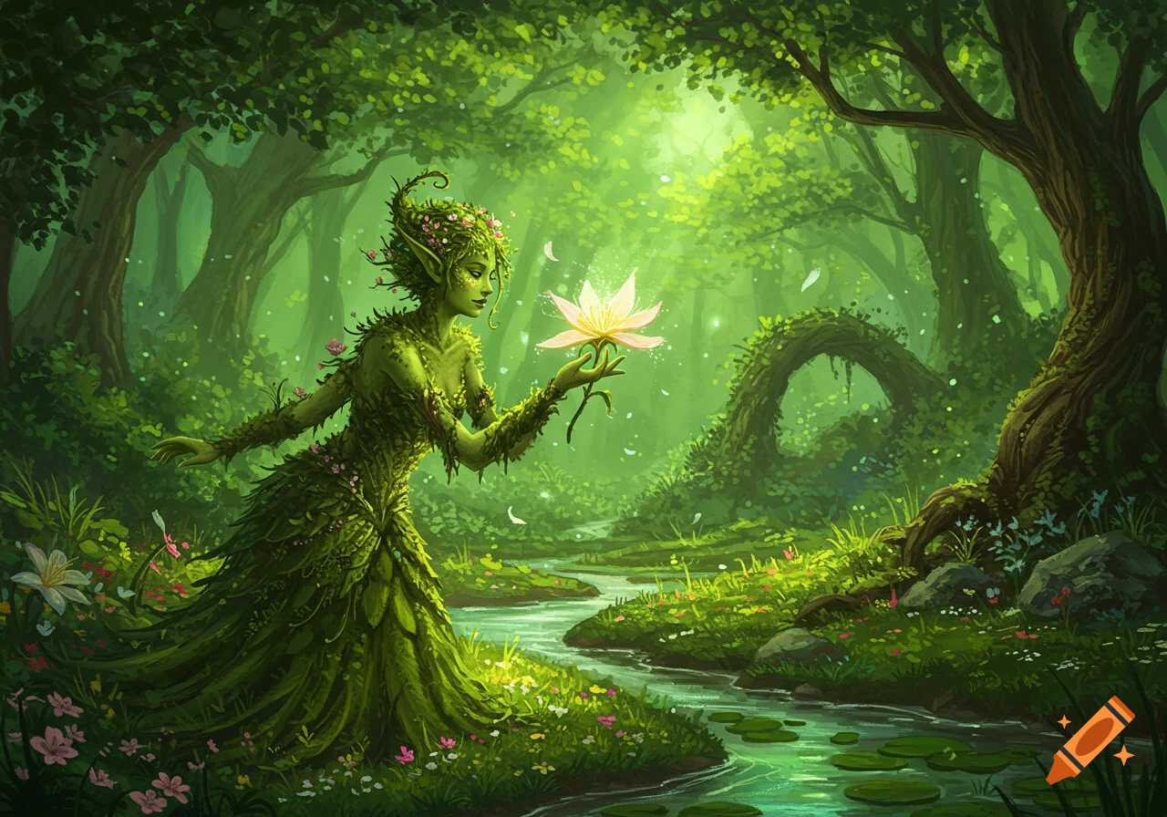 A green, leaf-covered nature spirit holds a glowing flower in a lush, luminous forest by a winding stream. Digital art style.