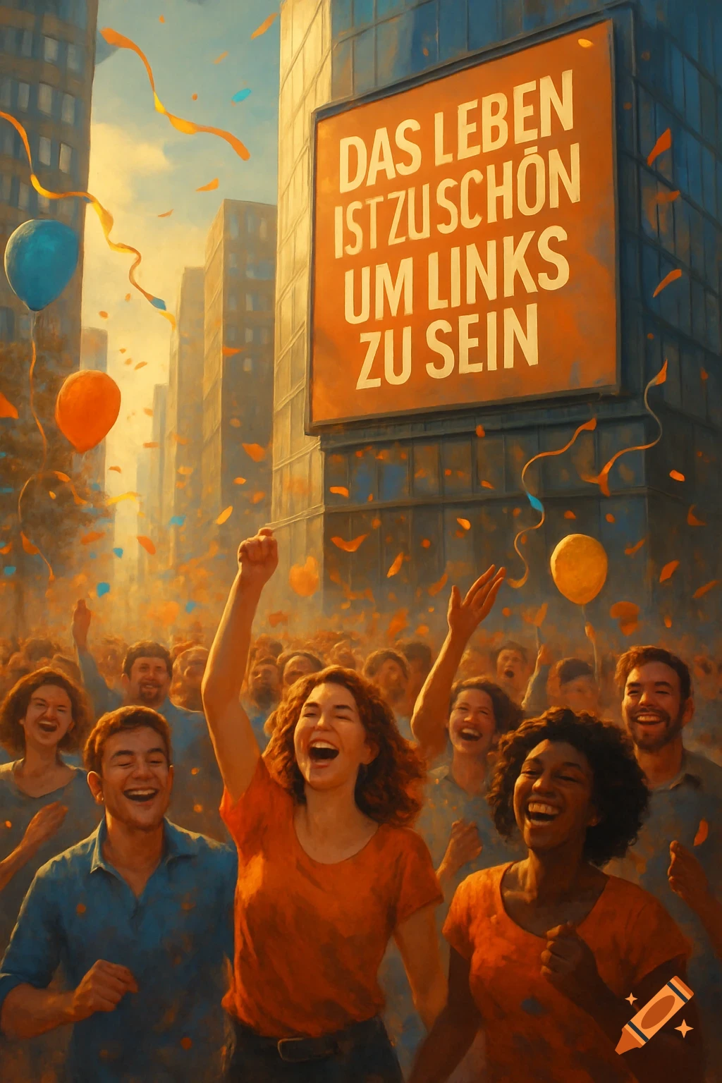 A joyous crowd celebrates in a city street, with confetti, balloons, and a banner that reads 'Life is too beautiful to be Left'.
