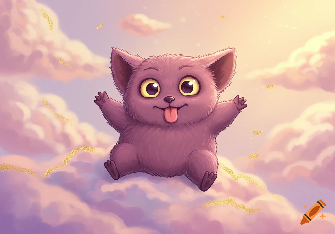 Fluffy purple cartoon creature with big eyes sticking its tongue out, sitting on pink and purple clouds with gold sparkles.