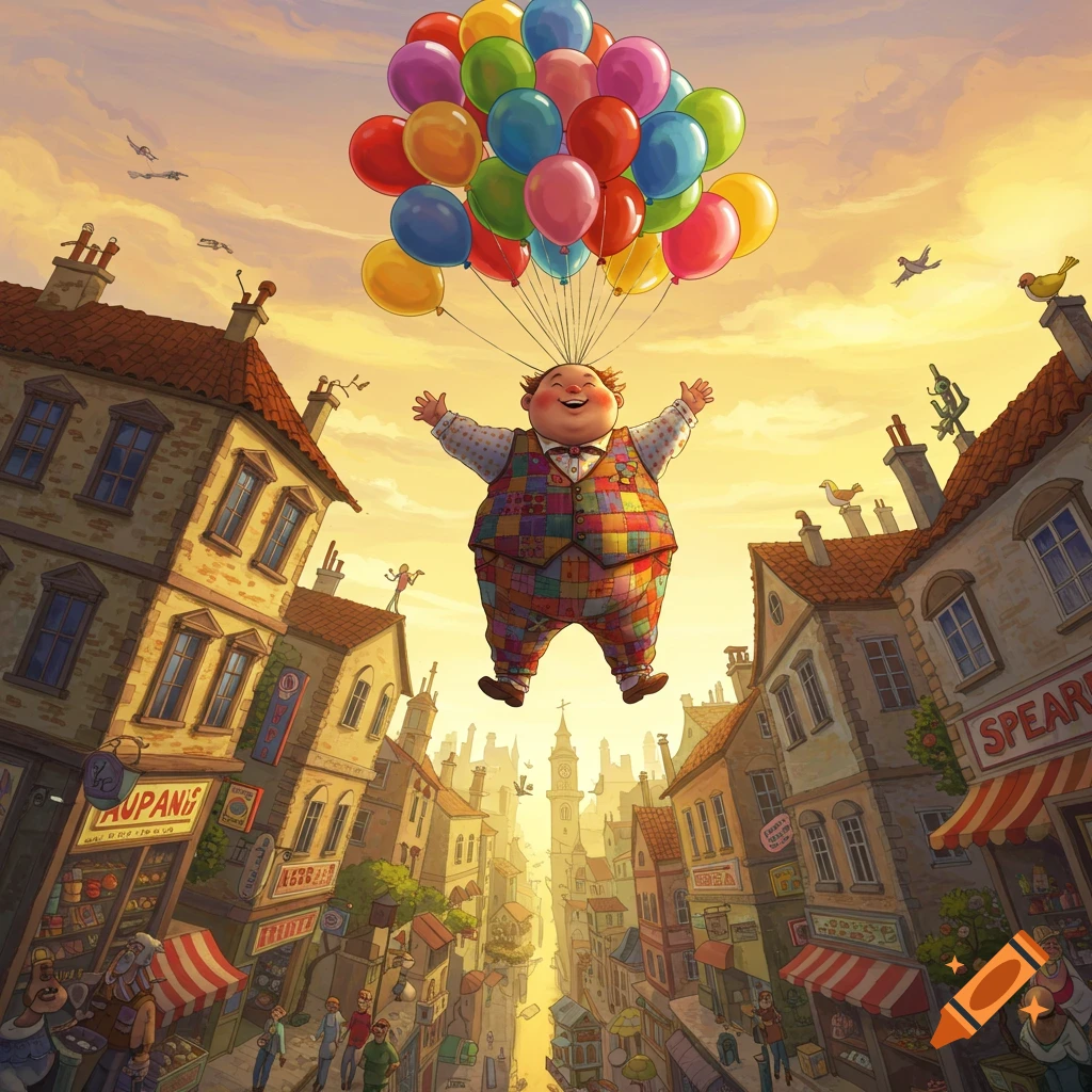 A cheerful, round man in a patchwork suit flies high above a colorful European town at sunset, carried by a large bunch of balloons.