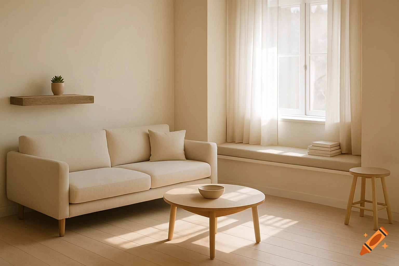 A calm, minimalist living room with a beige sofa, light wooden coffee table, and a window seat with sheer curtains. Natural light fills the space.