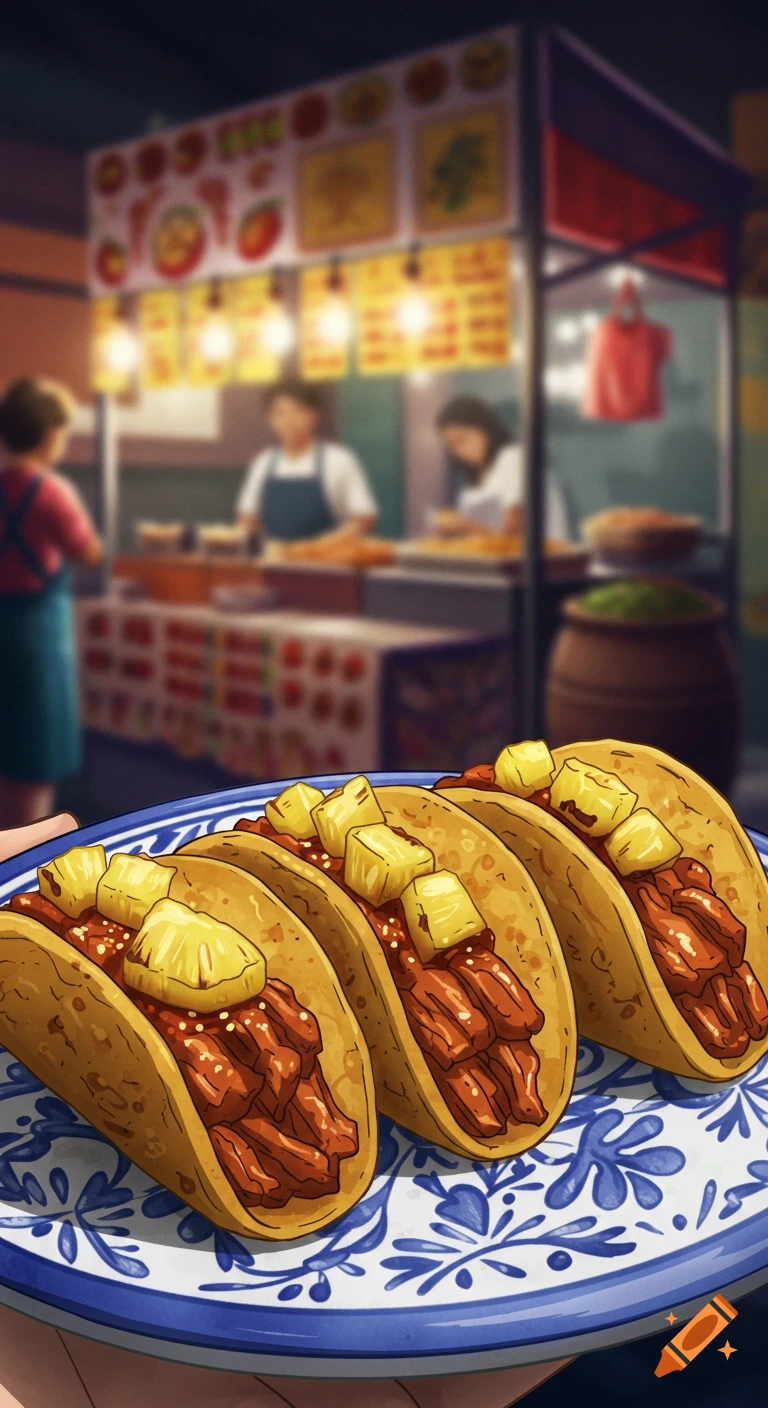 Three anime-style street tacos with charred pastor pork and caramelized pineapple on a blue-and-white plate, with a blurred market stall in the background.