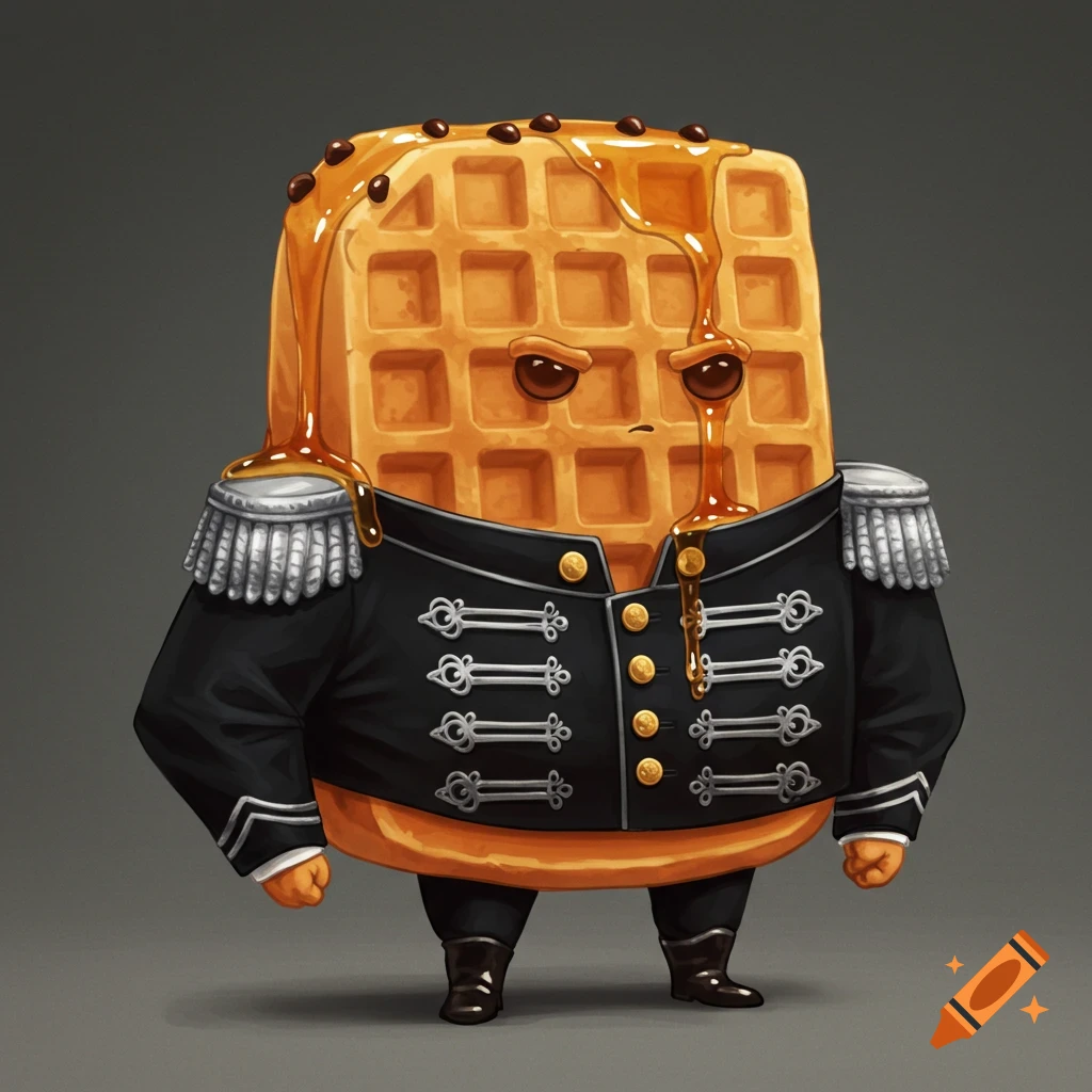 Anthropomorphic waffle in a black military uniform, drizzled with syrup and chocolate chips, looking annoyed. Cartoon illustration.