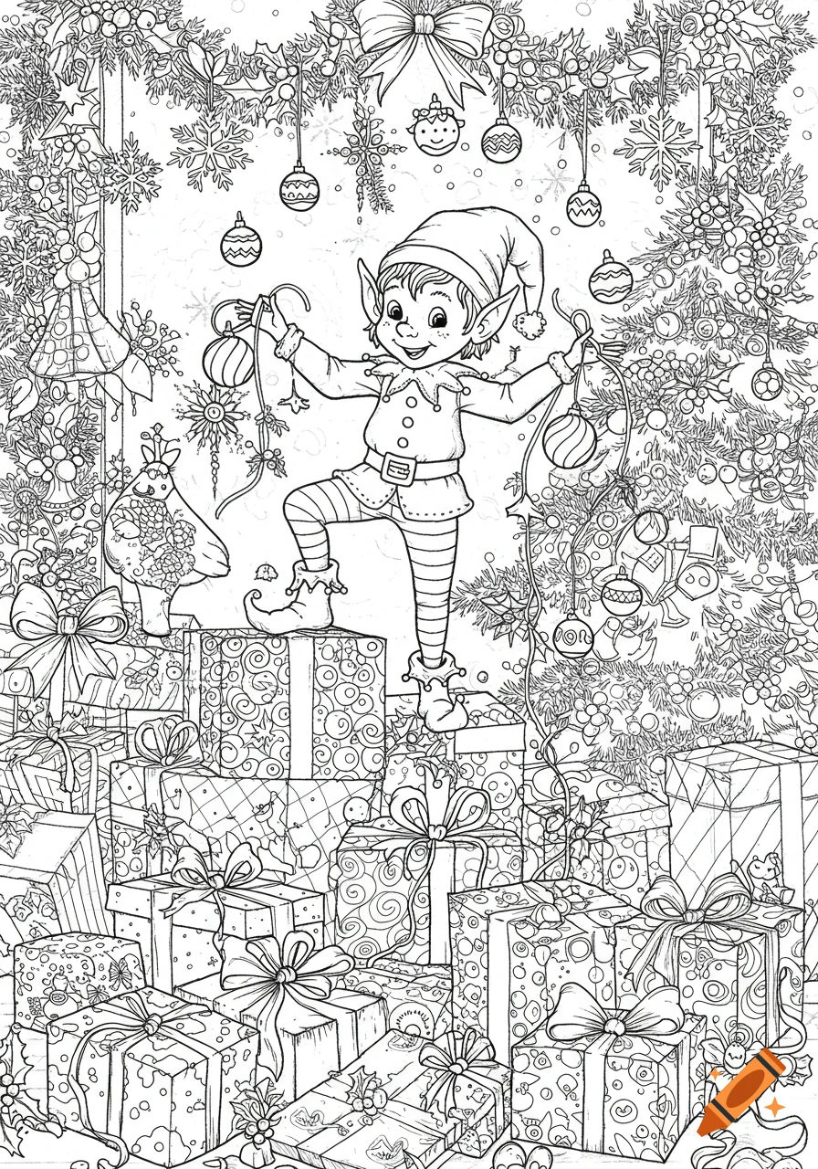 Black and white coloring page of a smiling Christmas elf standing on a pile of gifts, holding Christmas ornaments, surrounded by festive decorations.