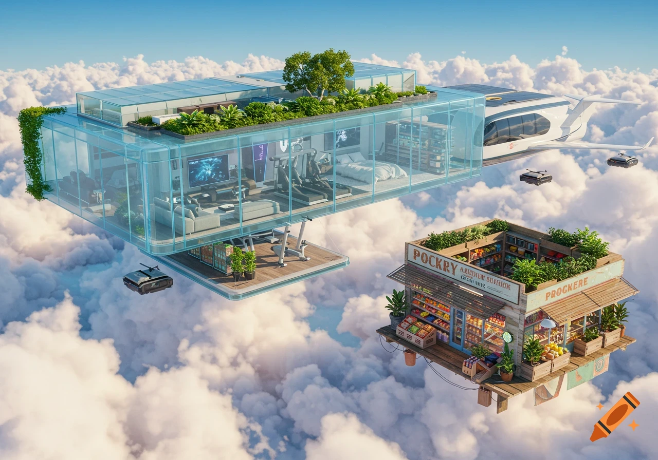 A futuristic glass mansion with a sky garden, connected to a private jet, floats next to an old-style grocery store above bright clouds.