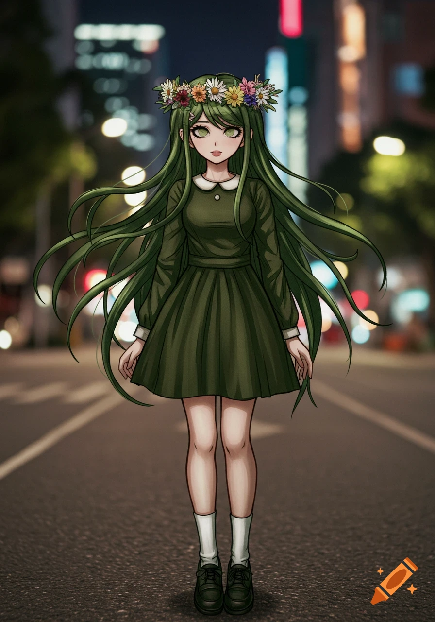 Anime girl with long green hair, flower wreath, olive dress, white socks, and black shoes standing on a city street at night.