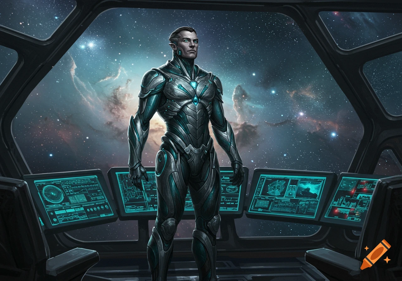 A stern man in futuristic armor stands in a spaceship cockpit, looking out at a nebula and stars.