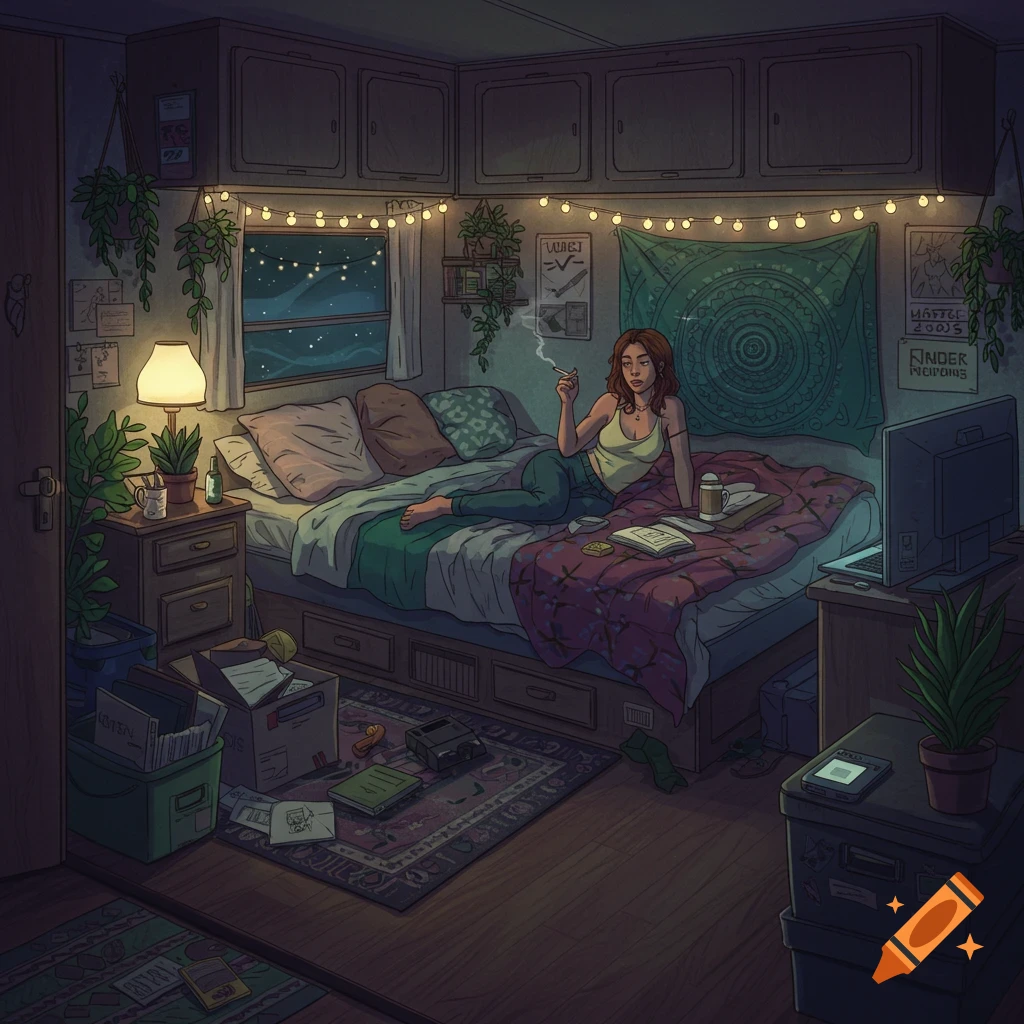 A lo-fi digital art illustration of a woman relaxing in a cozy, cluttered bohemian trailer bedroom at night, smoking and sipping coffee.