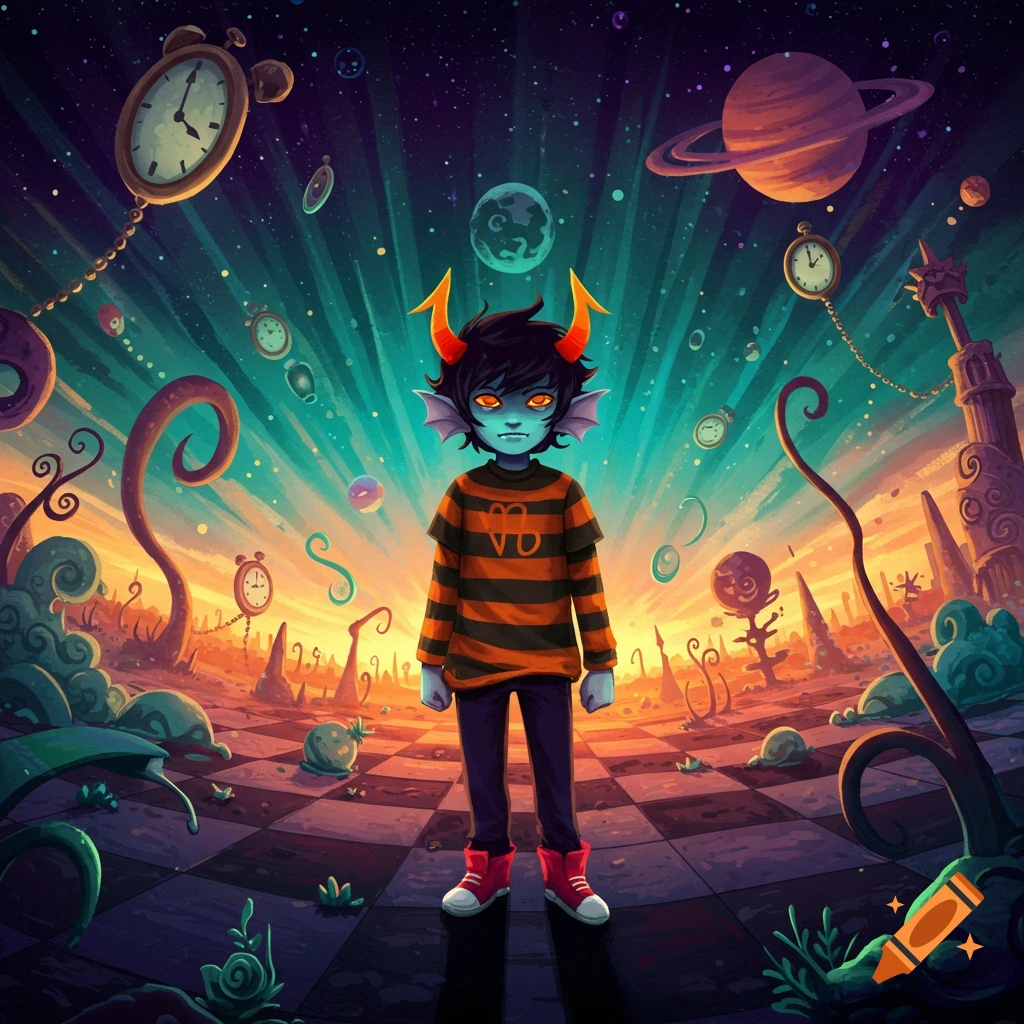 A stylized cartoon character with orange horns and blue skin wears a striped shirt with a symbol, standing on a checkered ground in a whimsical, colorful, and starry landscape filled with clocks and planets.