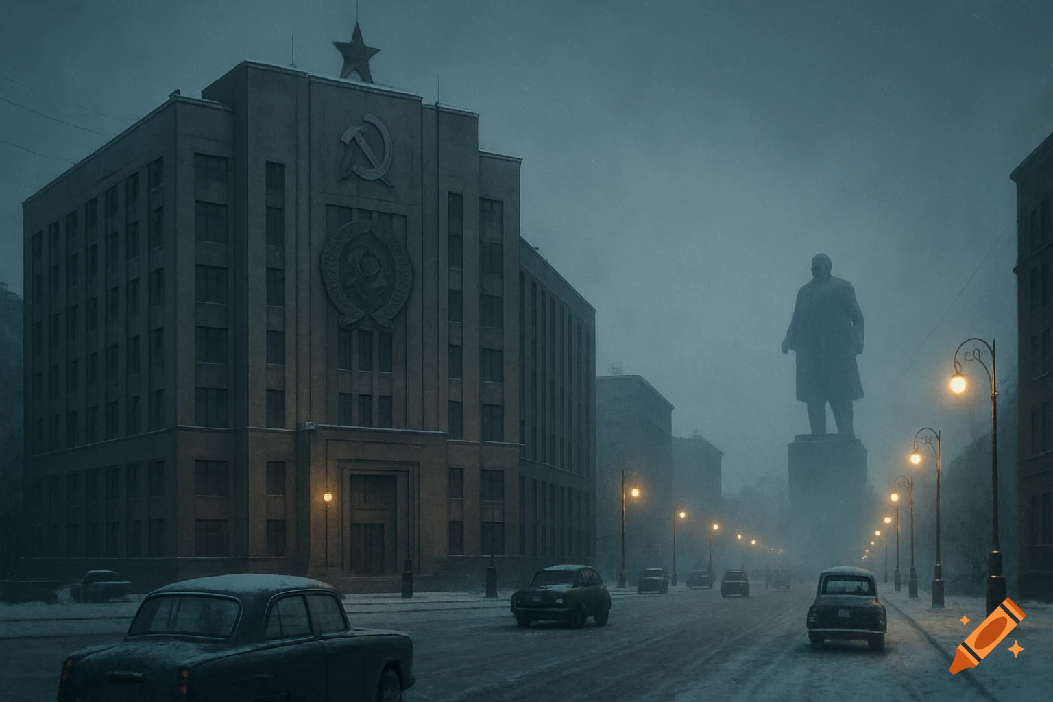 A snowy, foggy Soviet-era city street at night, with a large building featuring a hammer and sickle, old cars, and a tall statue.