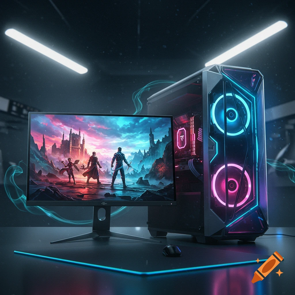 A sleek gaming PC setup with vibrant RGB lighting, a monitor displaying a fantasy game with warriors and a castle, and a mouse on a glowing mat.