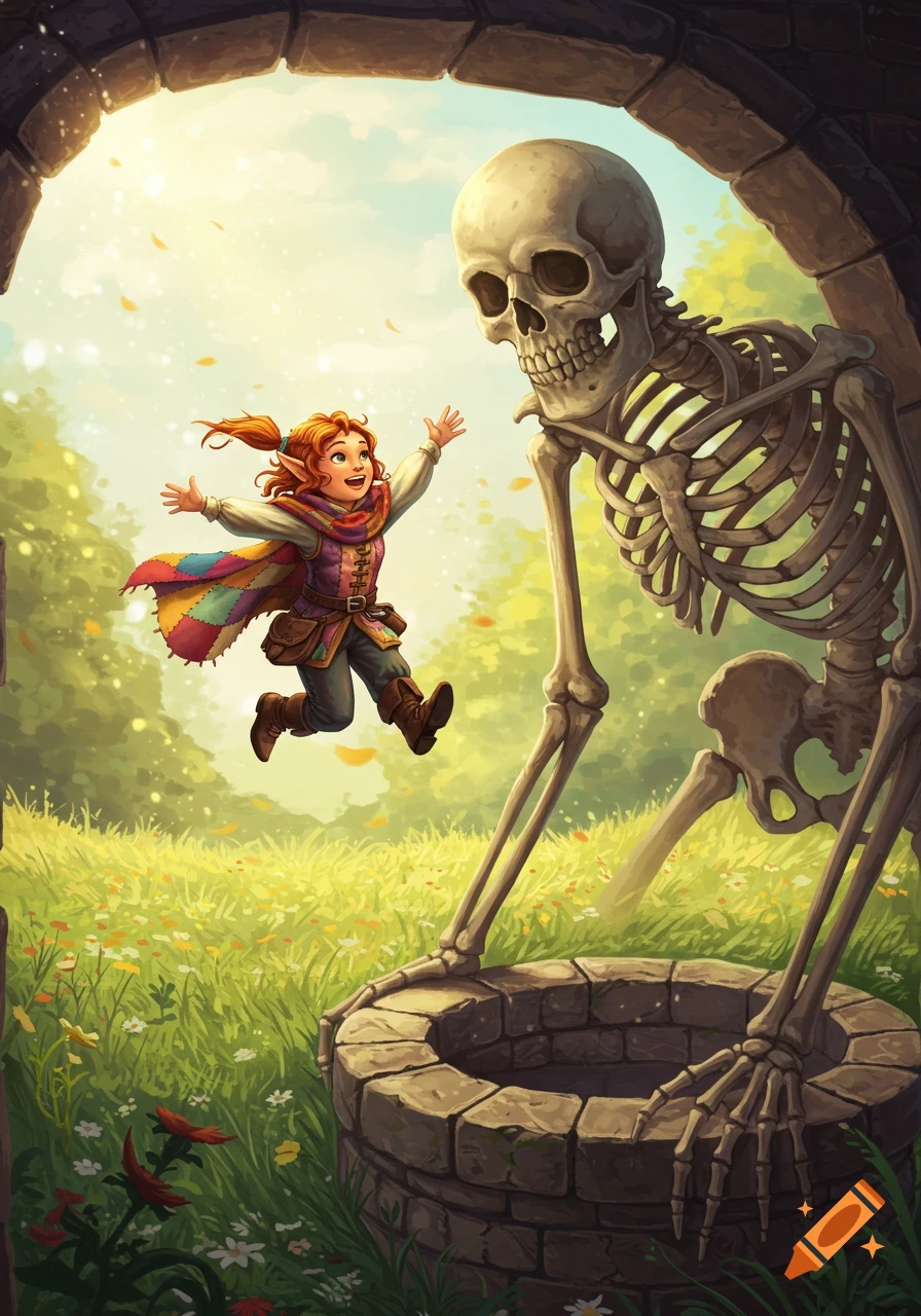 A cheerful halfling bard jumps to embrace a friendly giant skeleton by a stone well in a sunny, green fantasy landscape.