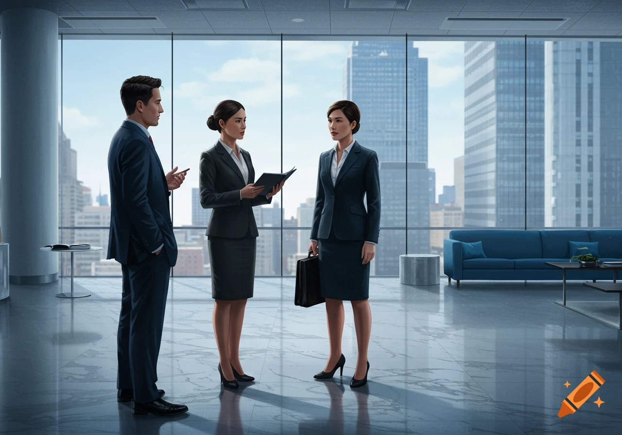 Three business professionals in suits discuss in a modern office with large windows overlooking a city skyline.